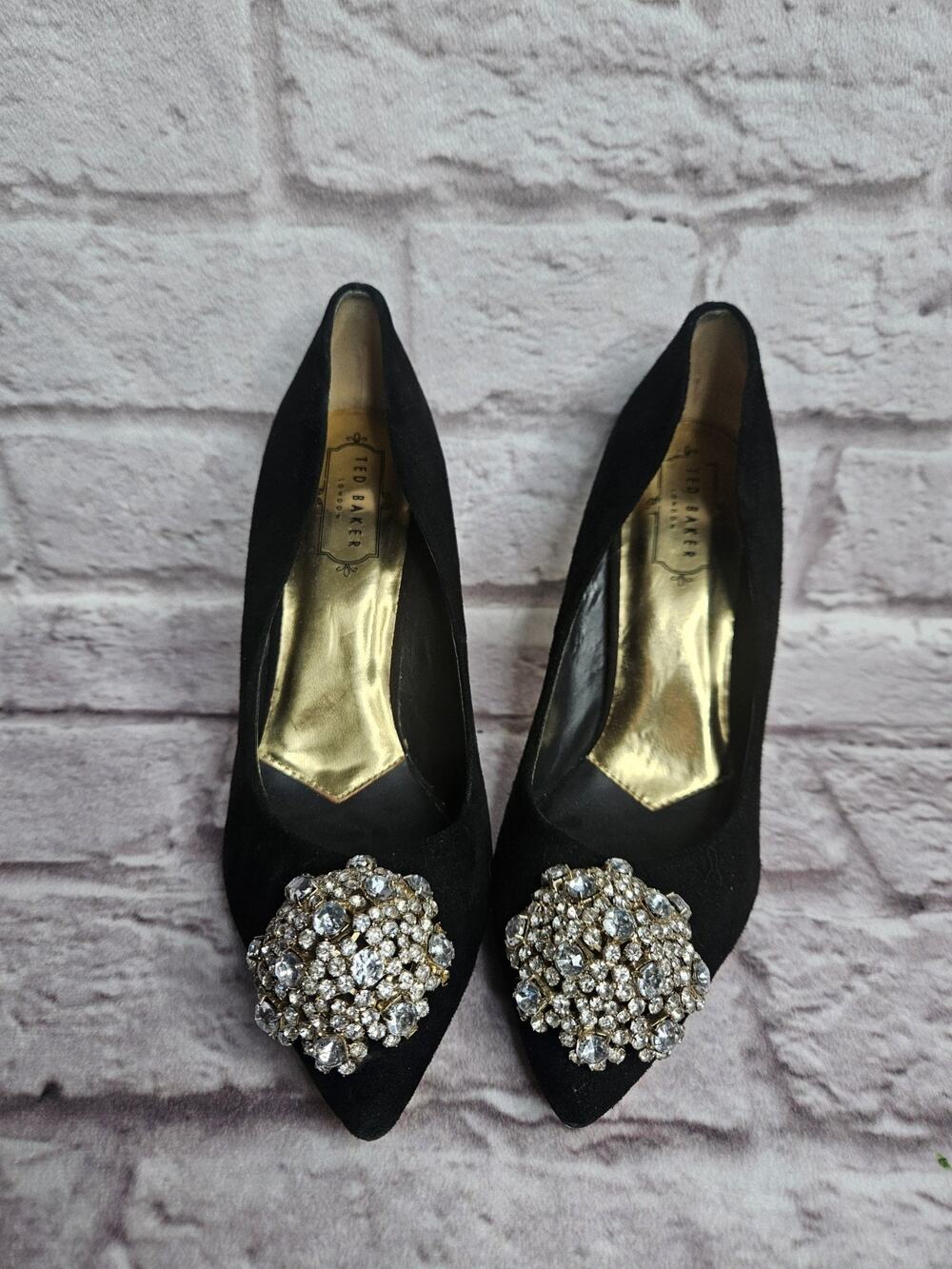Dazzling Ted Baker Black Satin Pumps with Crystal Embellishment Women's 8.5